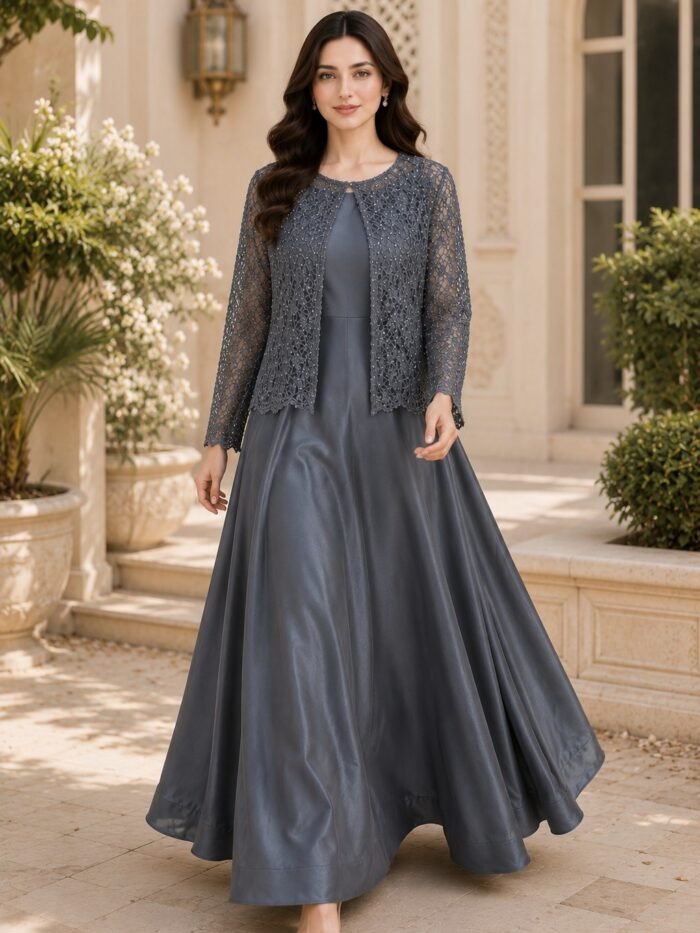 The Slate Grey Lace Maxi Set | LAZER CUT-OUT COLLECTION