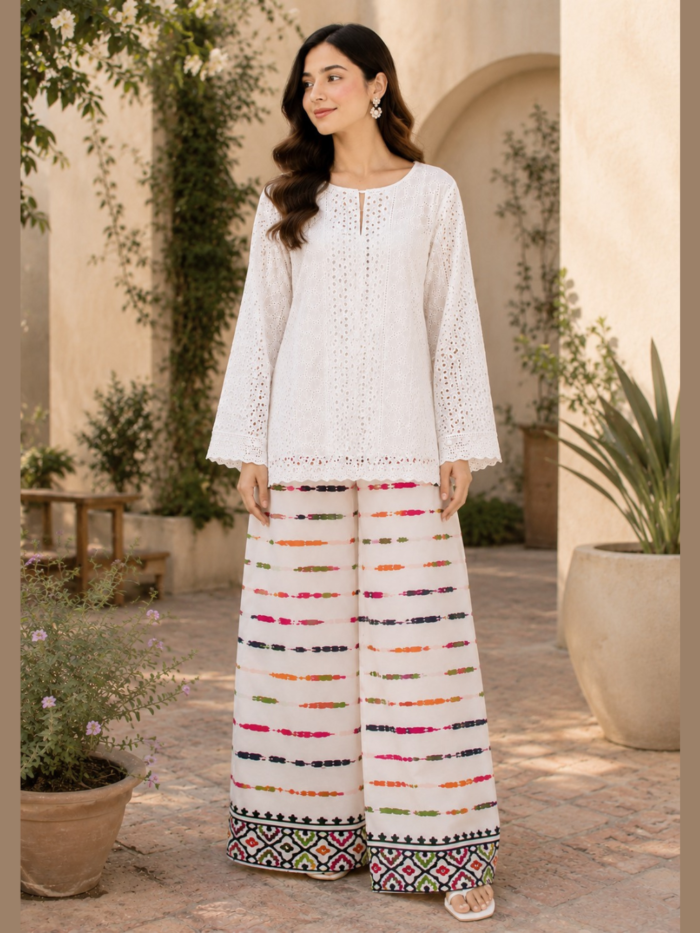 Zari-White Schiffli Palazzo Set